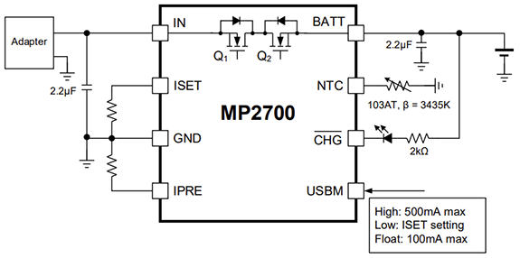 Application Circuit Diagram - Monolithic Power Systems (MPS) MP2700 1-to-2-Cell 26V/1A Linear Chargers
